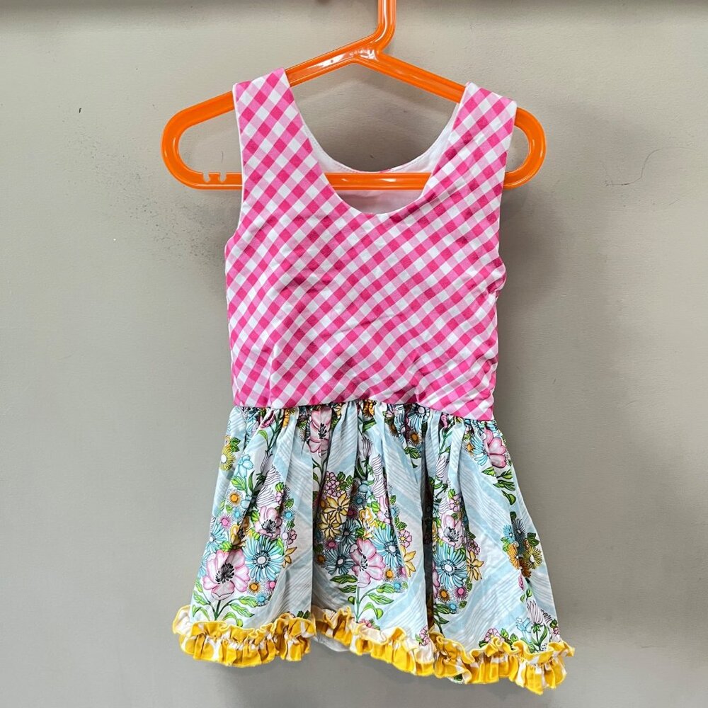Sweet Petunia Mixed Pattern Floral and Checkered Dress- Size 5